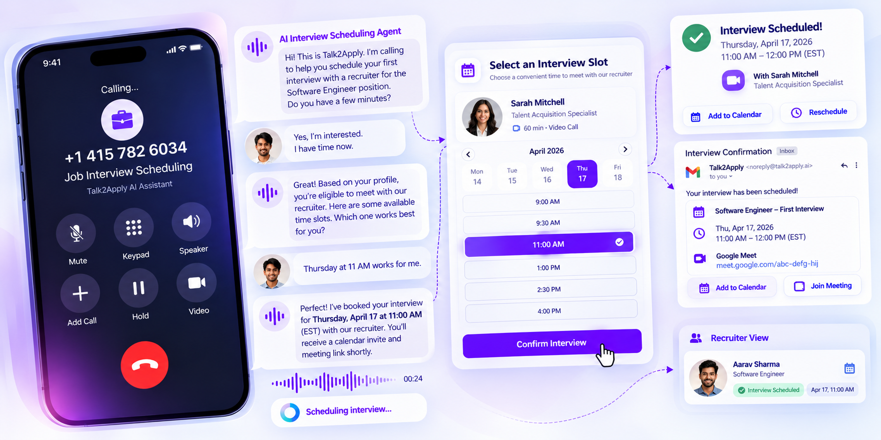 Talk2Apply AI agent booking a first interview with a recruiter and confirming it by calendar invite