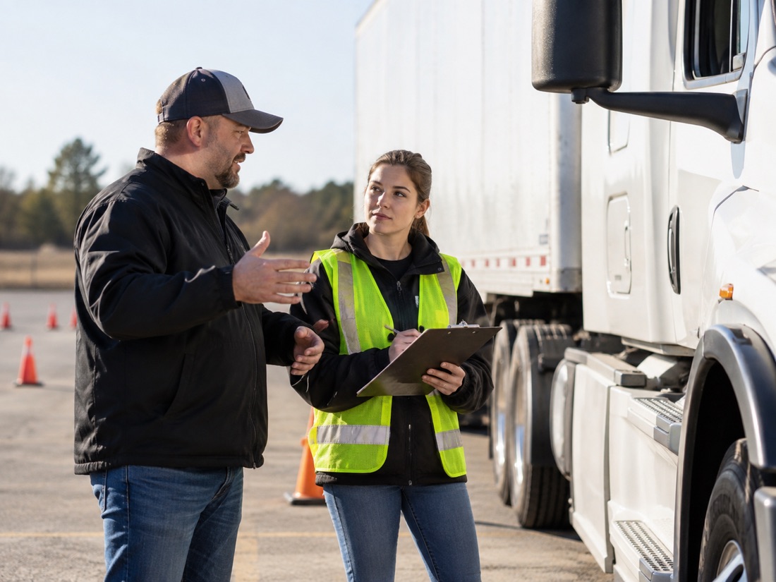 Driving instructor talking with a student beside a truck