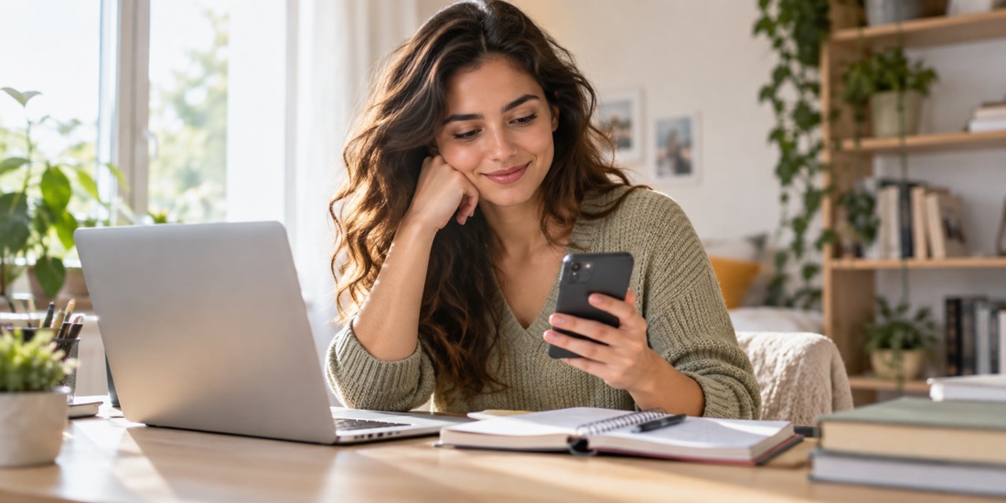 Prospective student checking a phone beside study materials