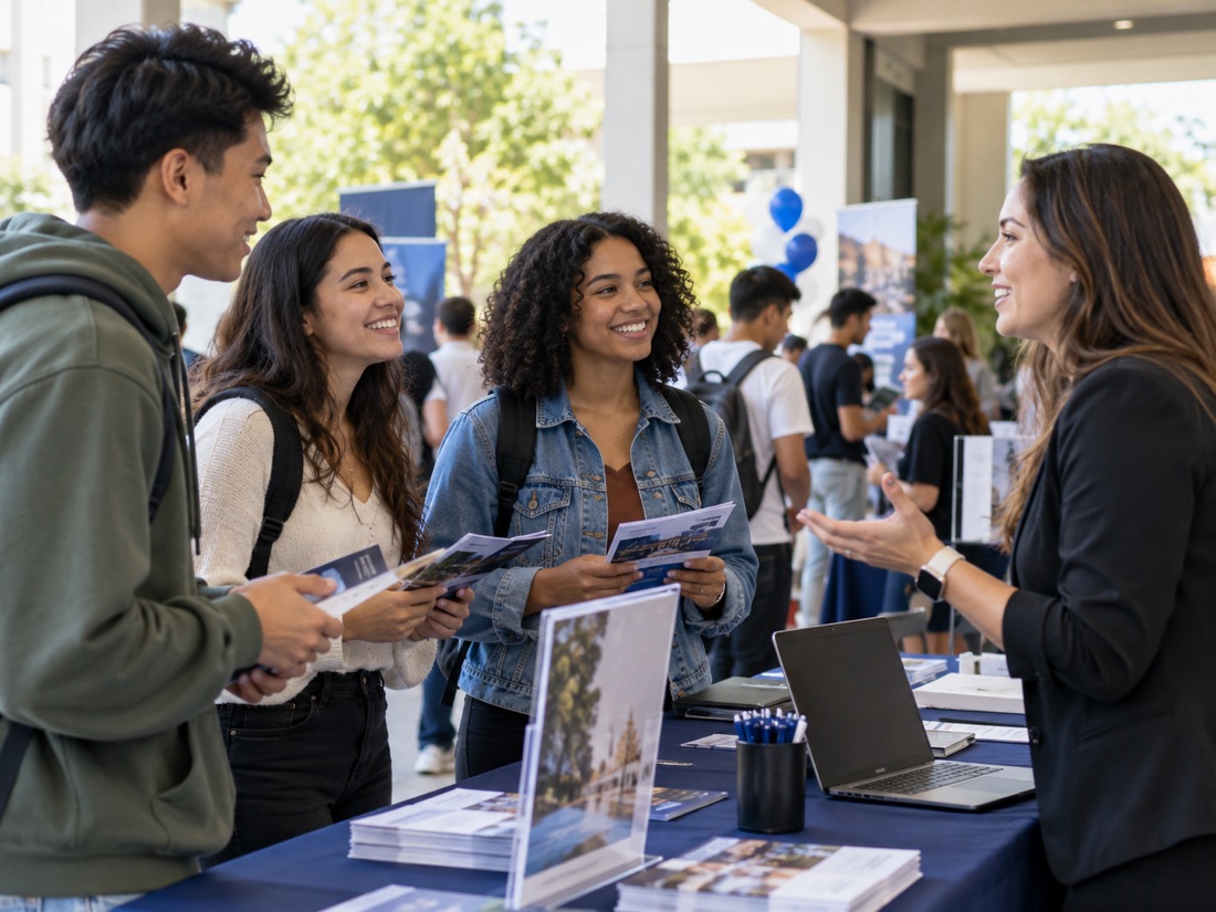 Candidates talking with a recruiter at an event table
