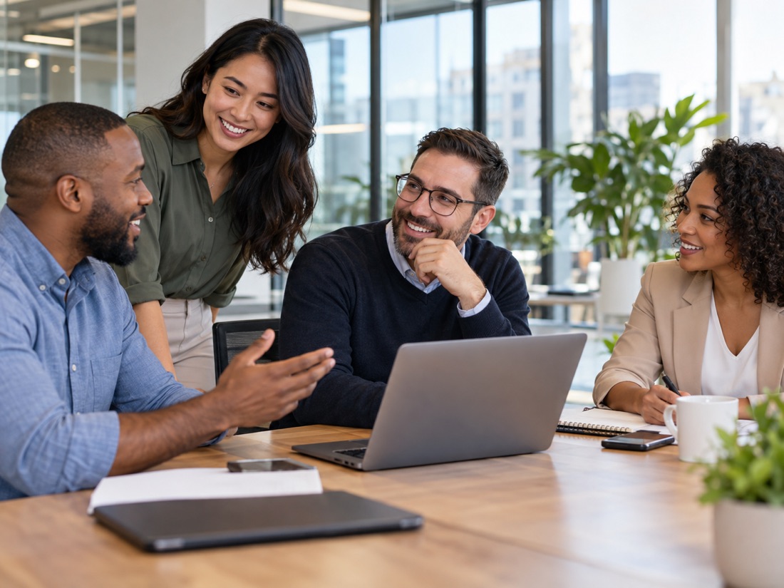Colleagues talking together around a laptop