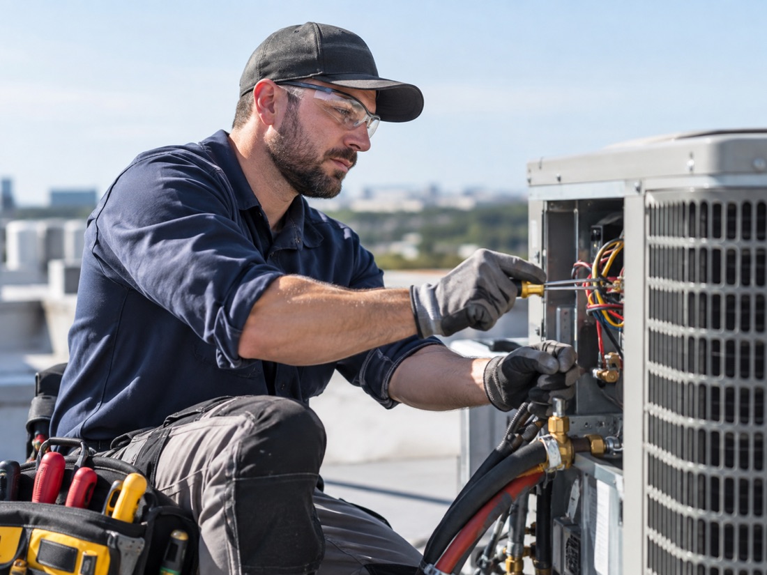 HVAC technician servicing an outdoor unit